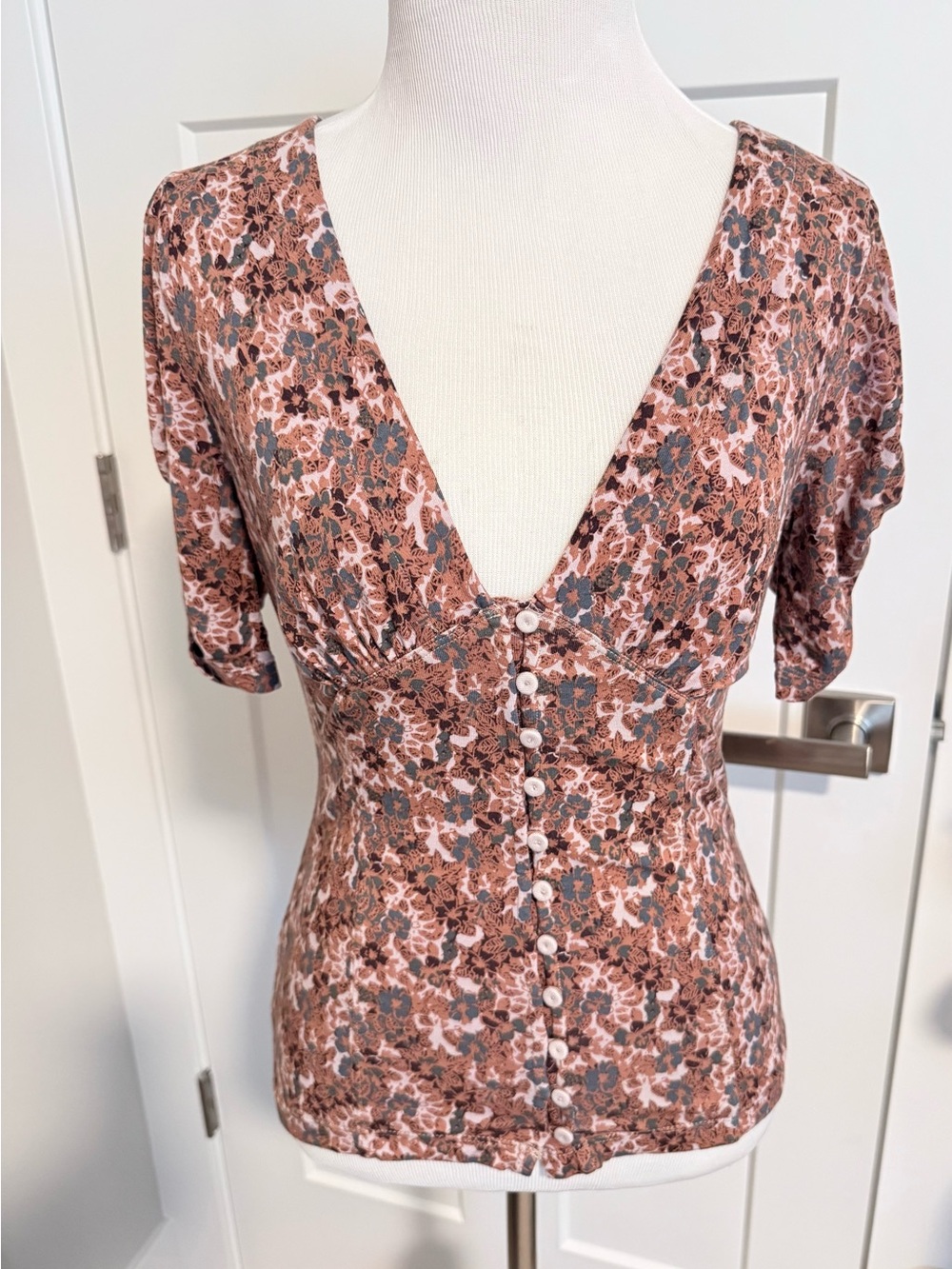 Free People Teal & Rust Floral Scoop Top